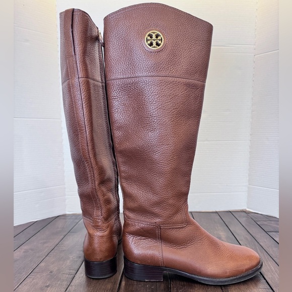 Tory Burch Women's Size 7.5 M Tall Leather Riding Boots Brown Gold Logo - Picture 3 of 16